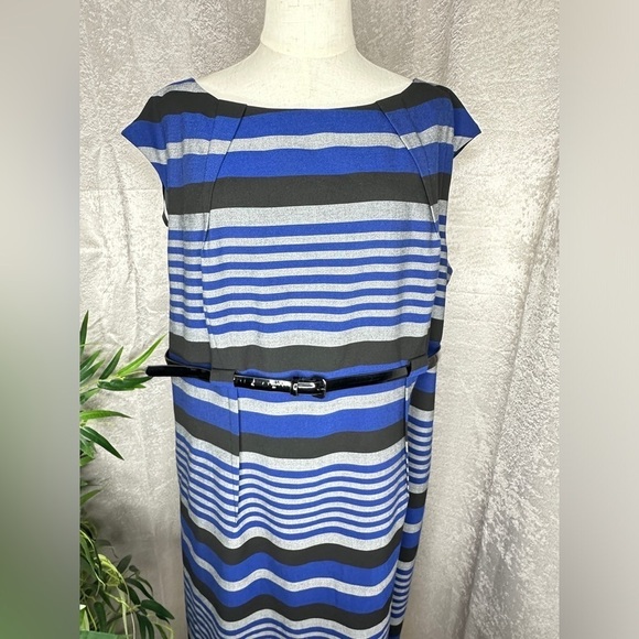 Calvin Klein Women’s Cap Sleeve Striped Belted Sheath Dress Multi Sz 18W - Picture 4 of 13